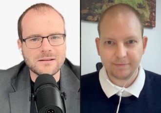 Split-screen video call with two men: left man wearing glasses speaks into a microphone, right man in a white-collared shirt listens with earphones