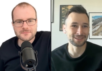 Split-screen video call: left man with glasses and microphone, right man wearing AirPods in a home office.