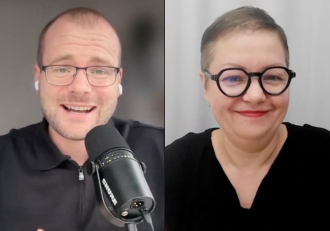 Split-screen video call: man on the left speaks into a microphone with wireless earbuds and glasses; woman on the right smiles, wearing round glasses and a black top.