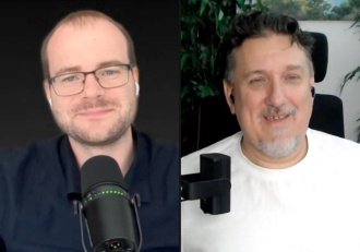 Two men on a split-screen video call, each with a microphone; they appear to be recording a podcast or interview.
